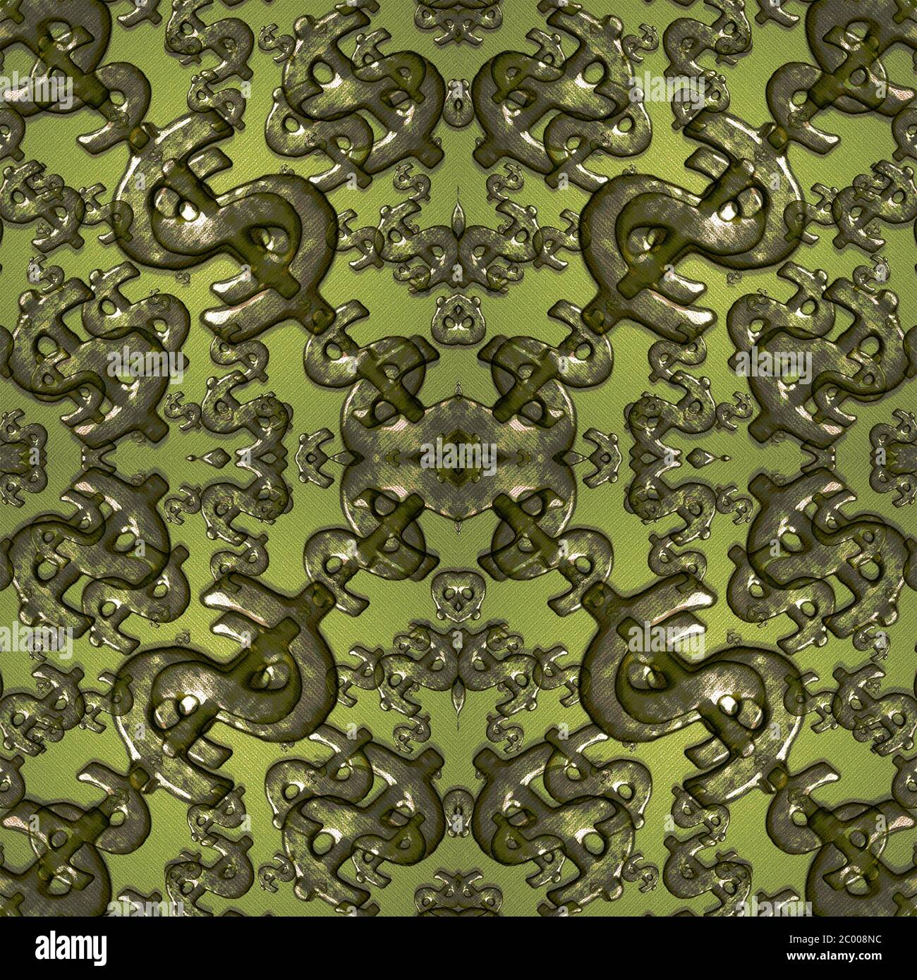 Motif symbole dollar ou argent composition d'œuvres d'art en forme de grunge dans des tons verts sur fond jaune vert. Banque D'Images