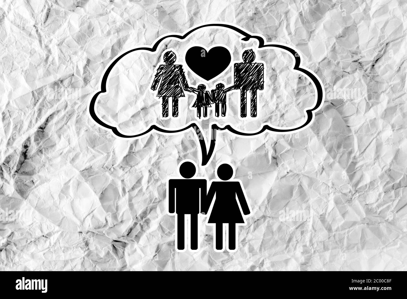 Icône de famille Personnes Personnes pictogramme sur papier froissé Banque D'Images