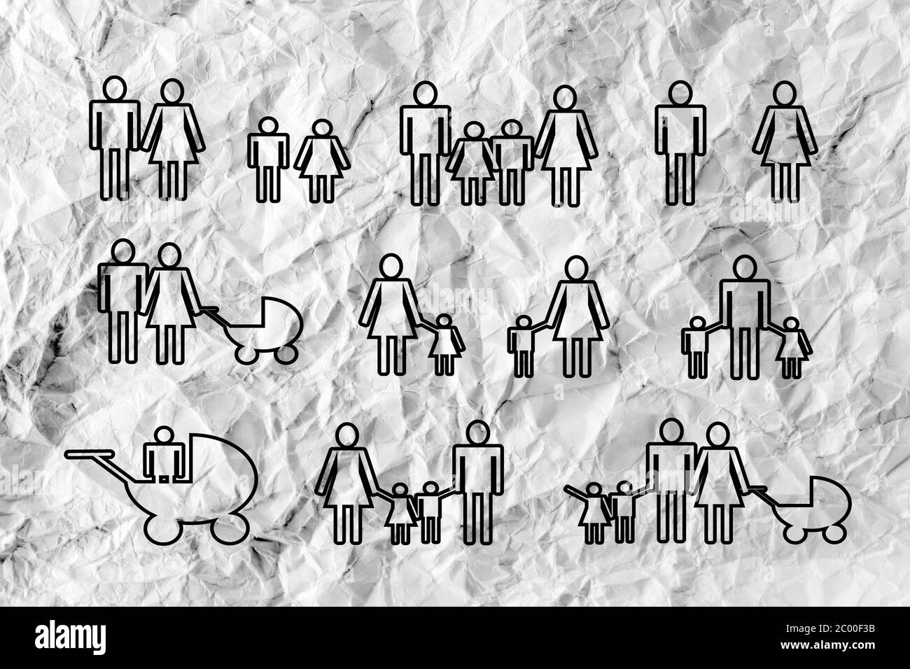 Icône de famille Personnes Personnes pictogramme sur papier froissé Banque D'Images