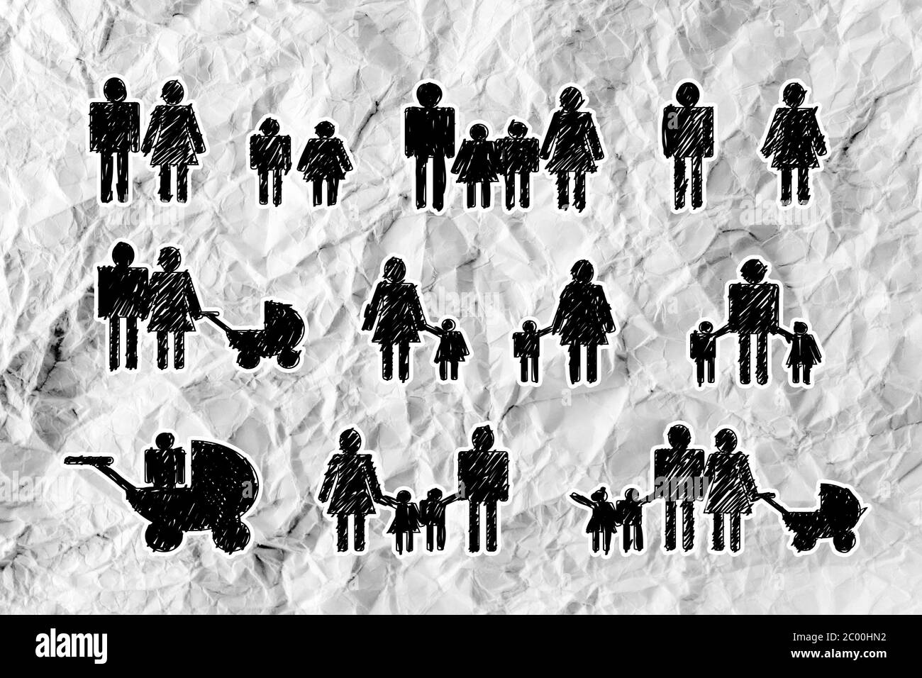 Icône de famille Personnes Personnes pictogramme sur papier froissé Banque D'Images