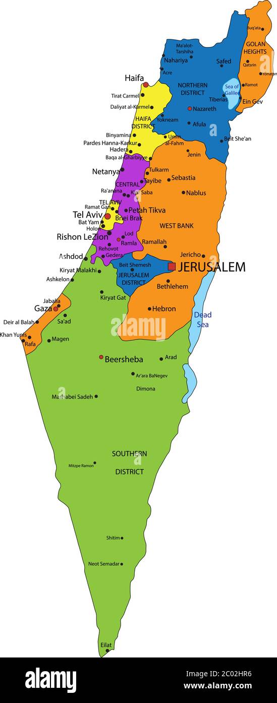 Carte politique israélienne colorée avec des couches clairement étiquetées et séparées. Illustration vectorielle. Illustration de Vecteur