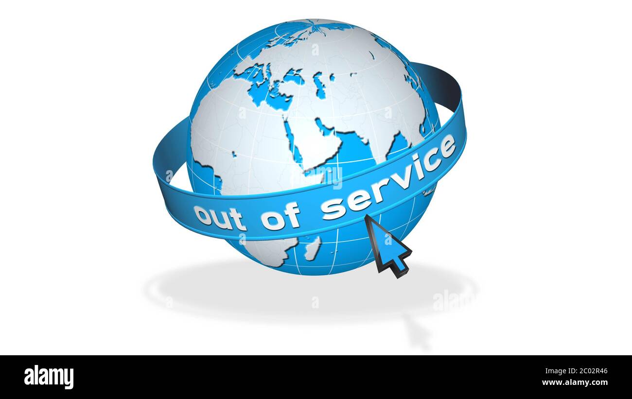 Globe terrestre avec bannière circulante et lettrage hors service - ombre sur le sol - isolé sur fond blanc - illustration 3D Banque D'Images