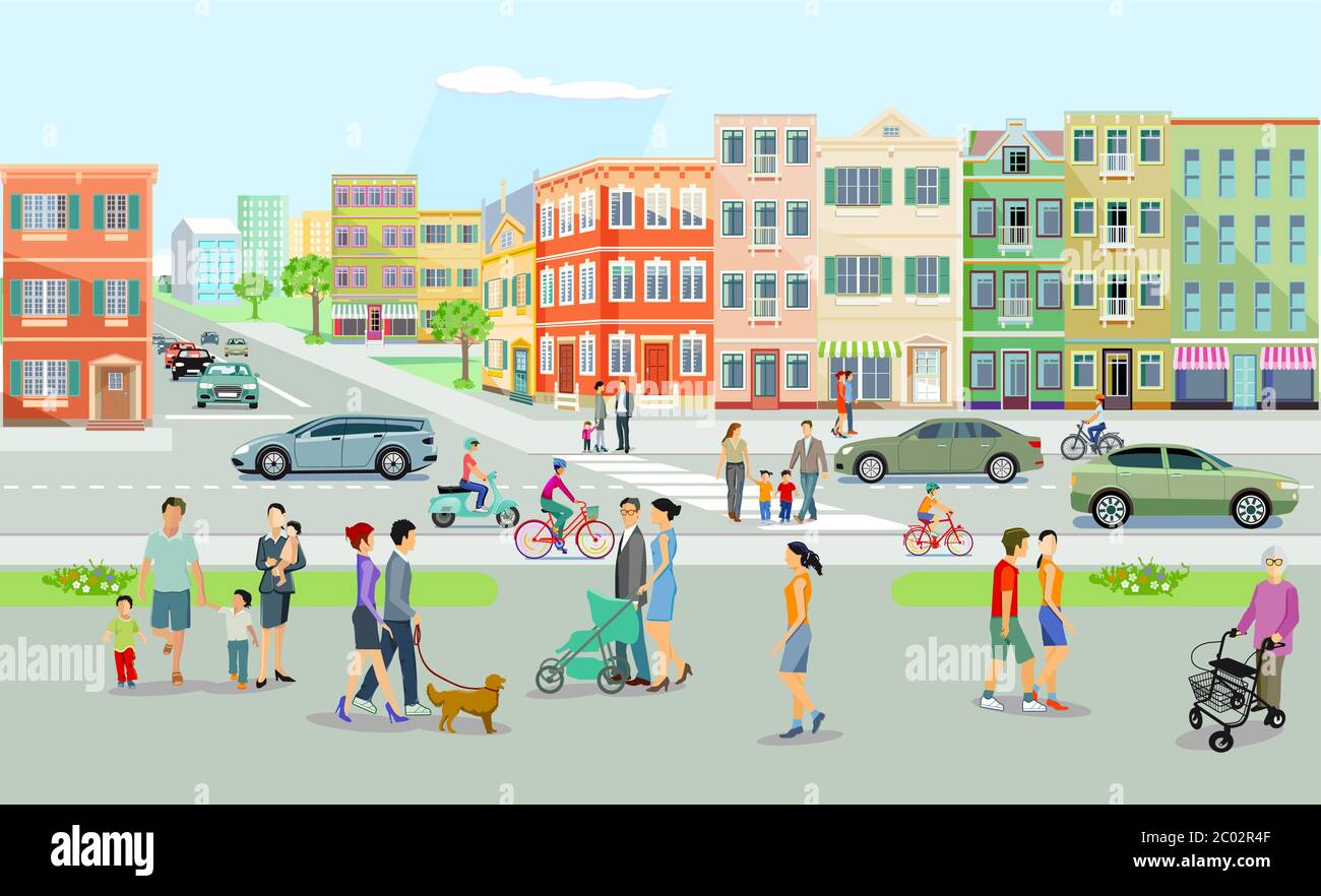 Paysage urbain avec la route et les gens Illustration de Vecteur