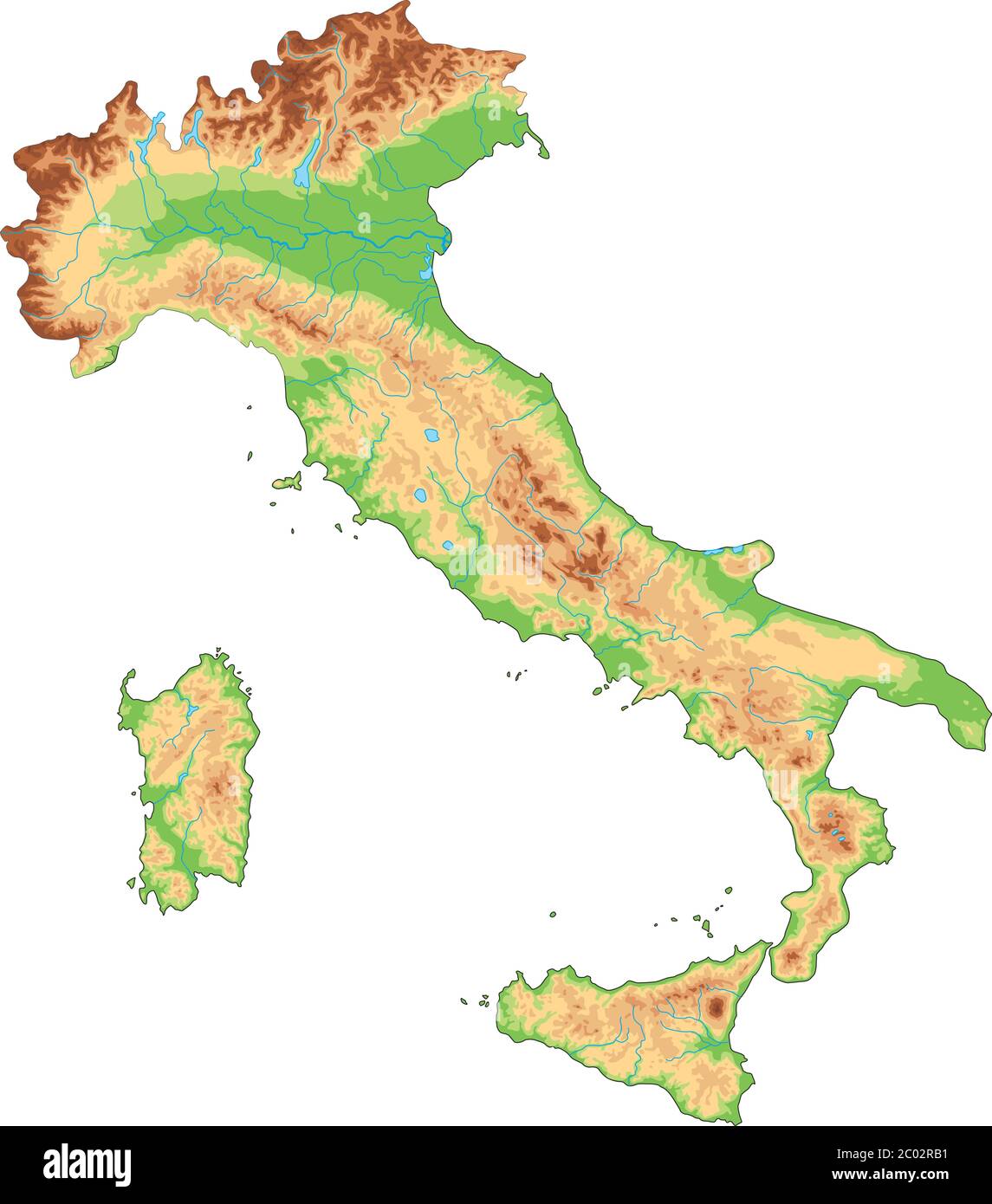 Carte physique de l'Italie haute détaillée. Illustration de Vecteur
