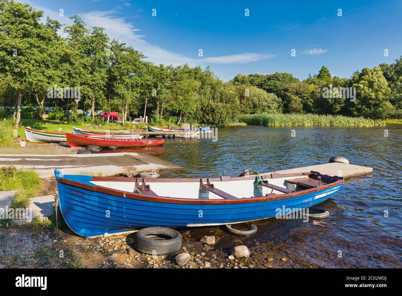 Des bateaux à rames amarrés sur la rive du Lough Corrib près de Derrymoyle, dans le Connemara, comté de Galway, République d'Irlande. Eire. Banque D'Images