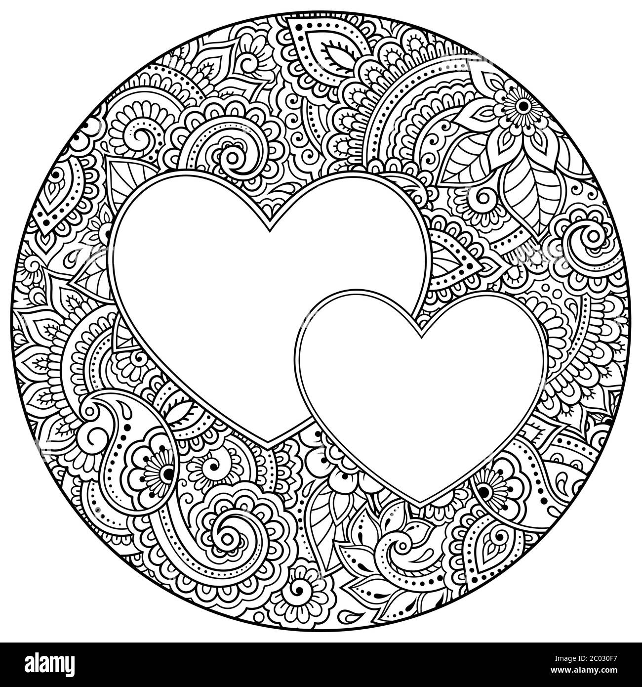 Motif Floral A Contour Rond Avec Coeur Pour Colorier La Page De Livre Antistress Pour Adultes Et Enfants Decoration Doodle En Noir Et Blanc Dessiner A La Main Vect Image Vectorielle Stock