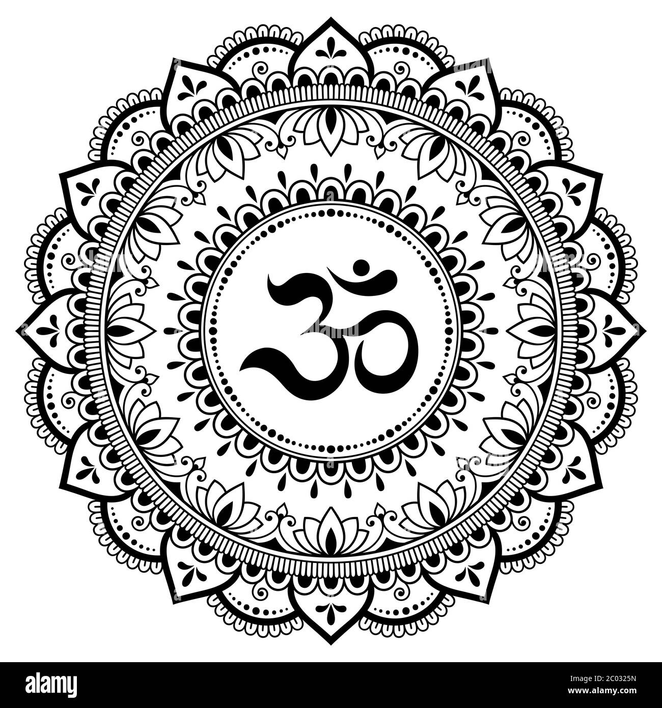 Motif circulaire en forme de mandala pour Henna, Mehndi, tatouage, décoration. Décoration décorative de style oriental avec mantra hindou ancien OM. Couleur Illustration de Vecteur