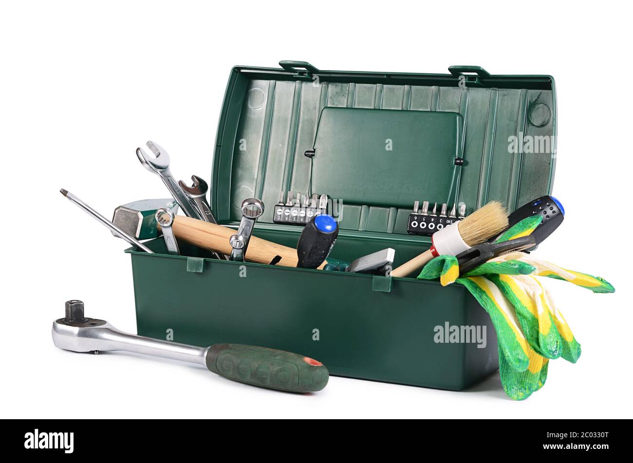 Boîte avec des outils de construction isolé Banque D'Images