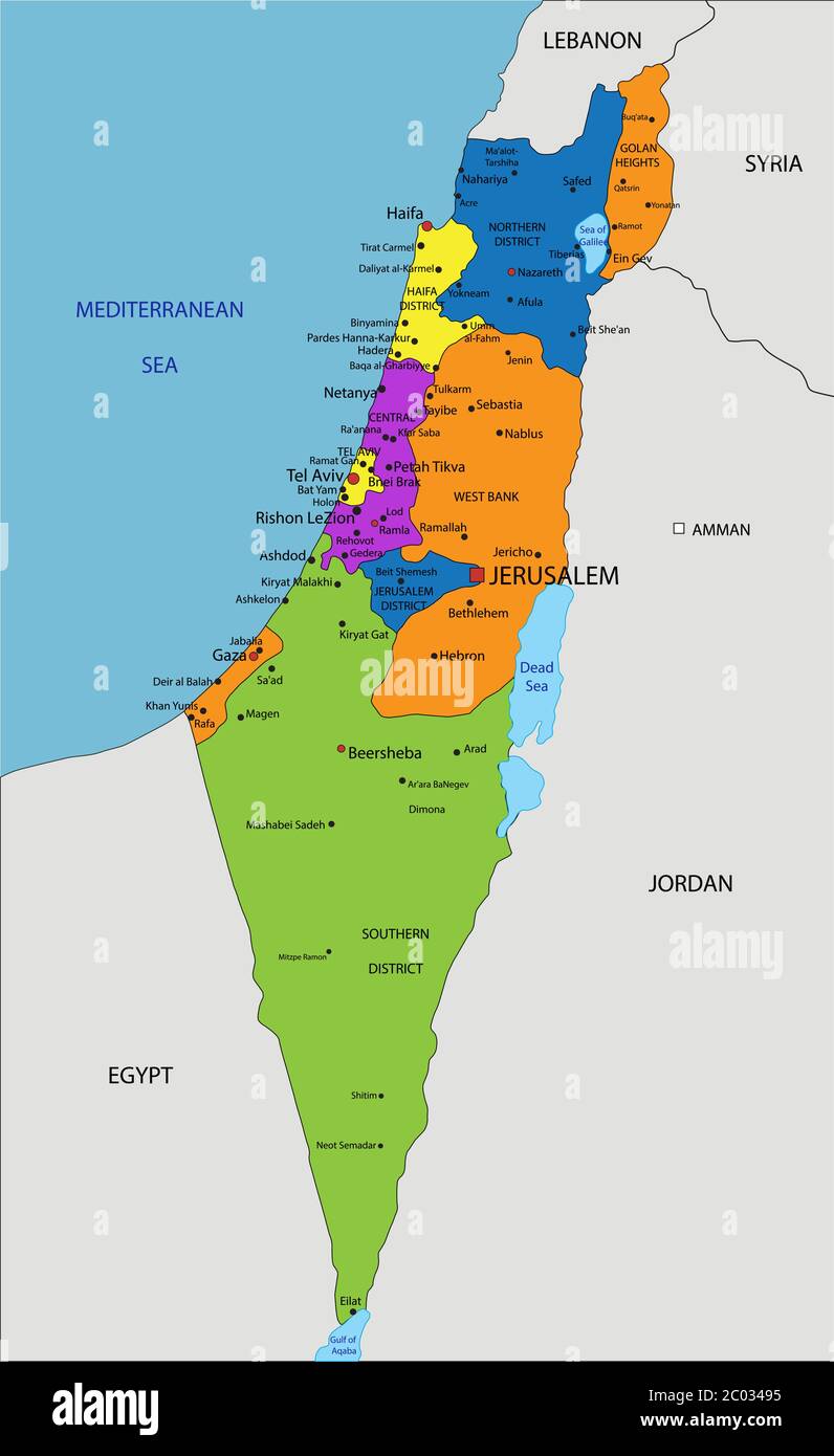 Carte politique israélienne colorée avec des couches clairement étiquetées et séparées. Illustration vectorielle. Illustration de Vecteur