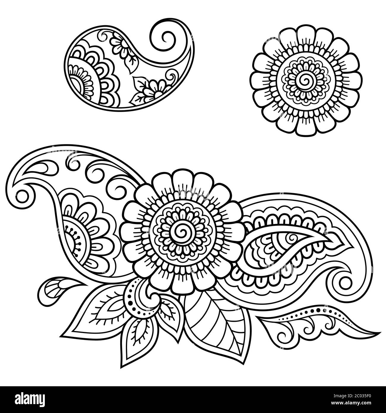 Ensemble de motif de fleurs Mehndi pour le dessin et le tatouage de Henné. Décoration ethnique orientale, de style indien. Illustration de Vecteur