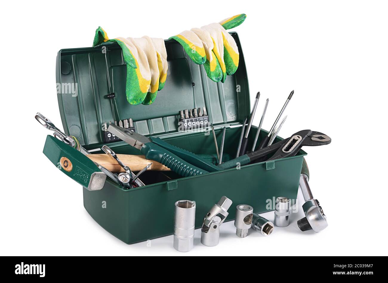 Boîte avec des outils de construction isolé Banque D'Images