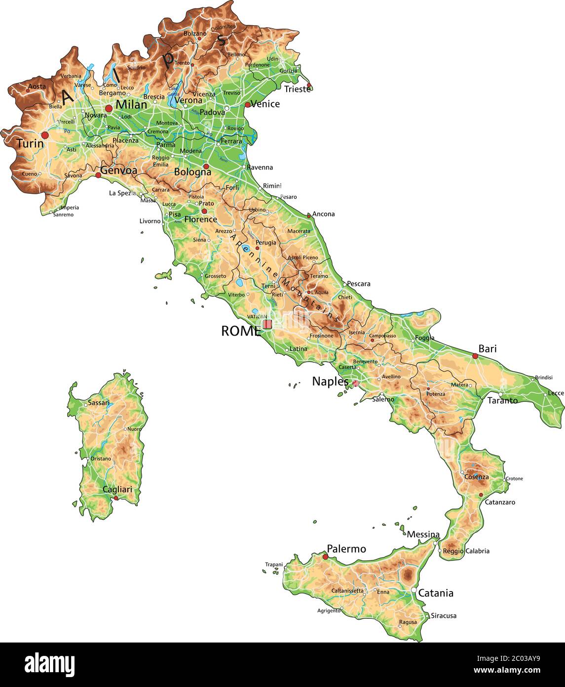 Carte physique Italie haute précision avec étiquetage. Illustration de Vecteur
