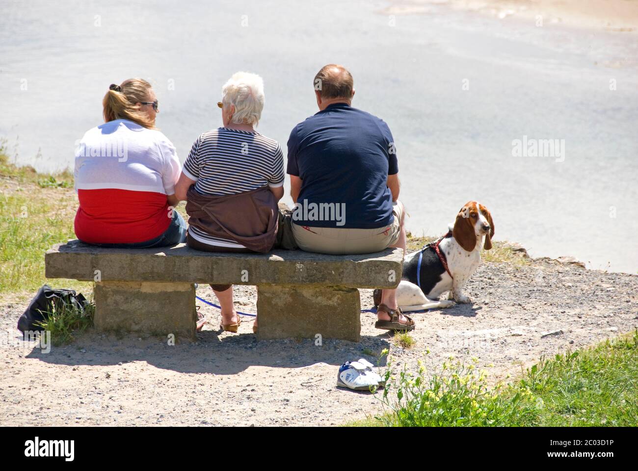 Trois personnes assises sur un banc, profitant du soleil et regardant la mer, avec un Basset Hound à côté d'eux, Pembrokeshire, pays de Galles Banque D'Images