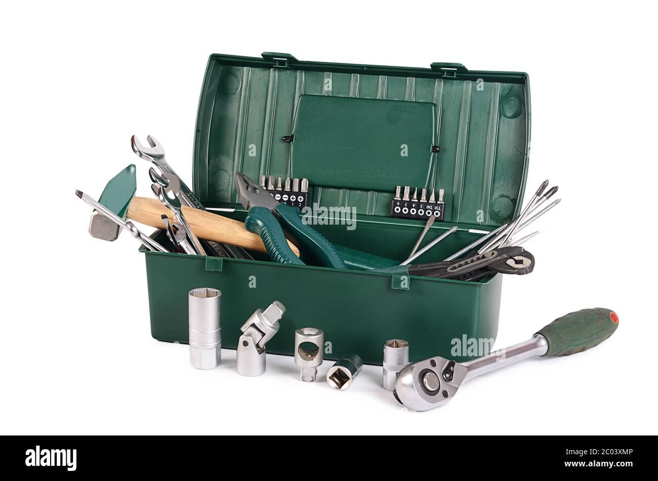 Boîte avec des outils de construction isolé Banque D'Images