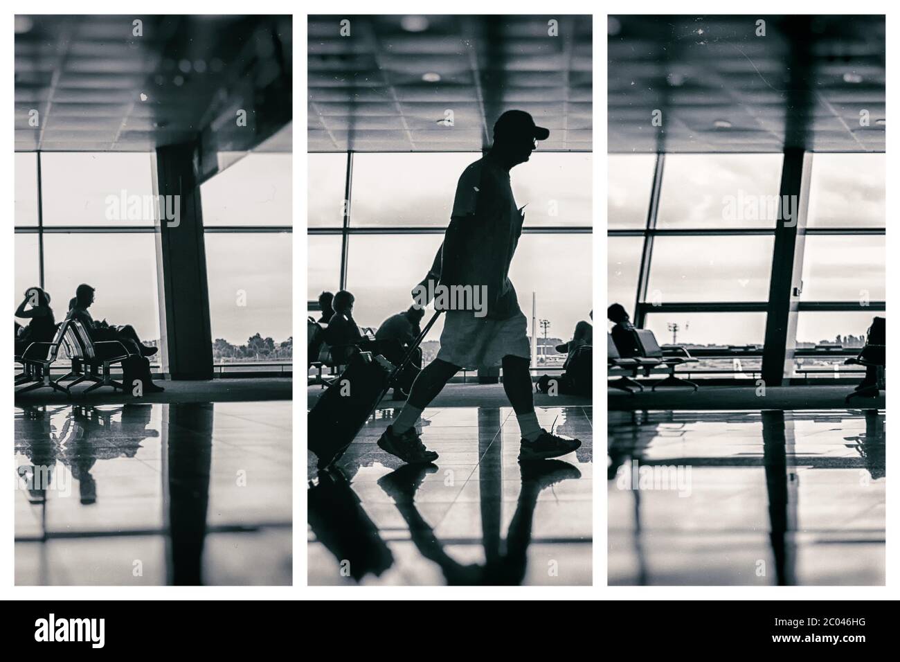 Silhouette of man à l'aéroport avec une assurance Banque D'Images