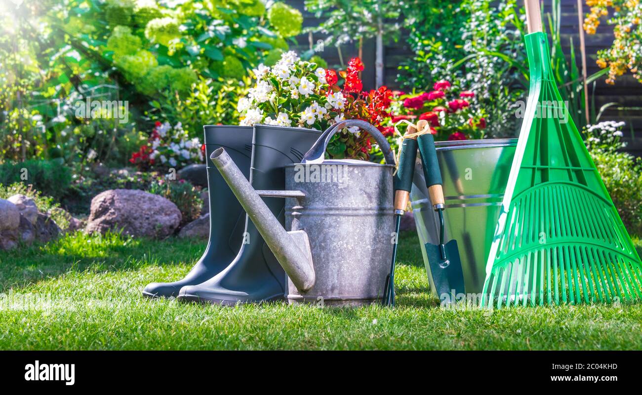 Outils de jardinage sur l'herbe dans le jardin. Banque D'Images