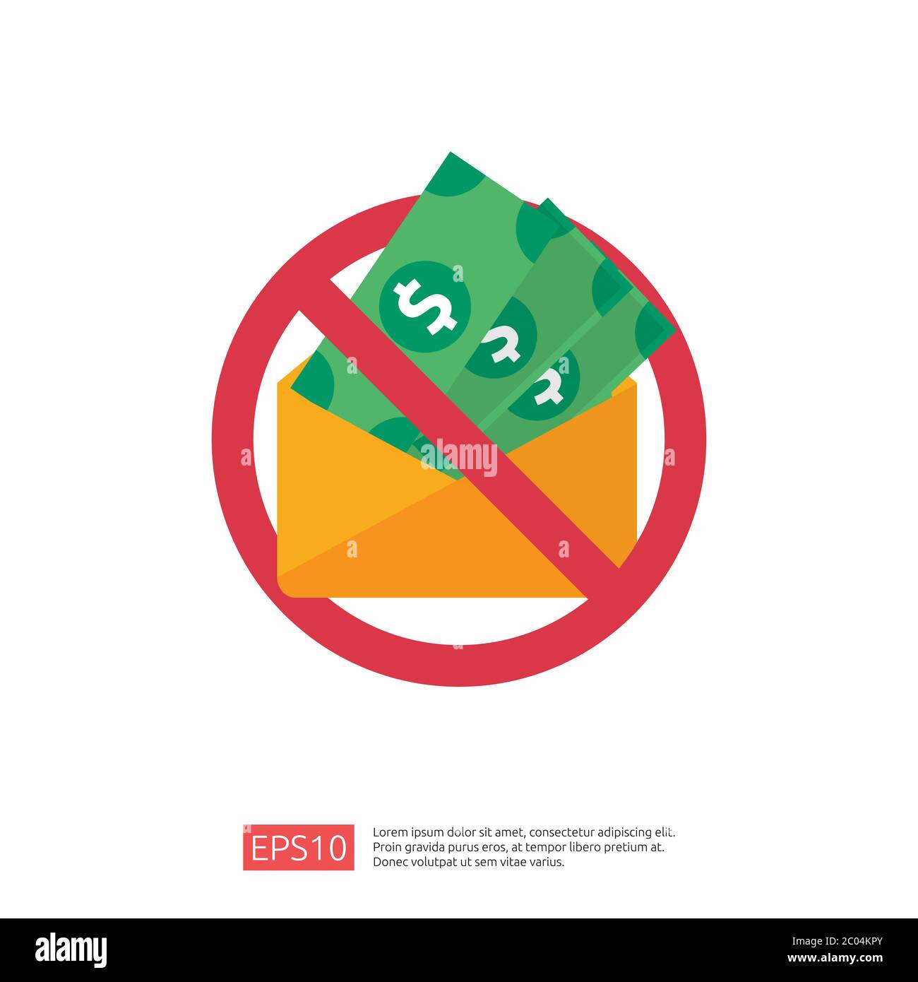 Concept d'arrêt et de lutte contre la corruption. Pot-de-vin commercial avec de l'argent dans une enveloppe et un panneau d'avertissement d'interdiction. Illustration vectorielle de style plat pour bannière, Illustration de Vecteur