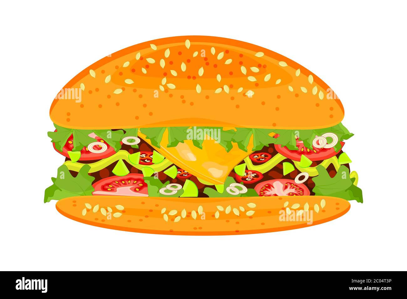 Burger isolé sur fond blanc. Hamburger hamburger classique cheeseburger américain avec laitue, tomate, fromage, boeuf, sauce. Restauration rapide. Vecteur de brut Illustration de Vecteur
