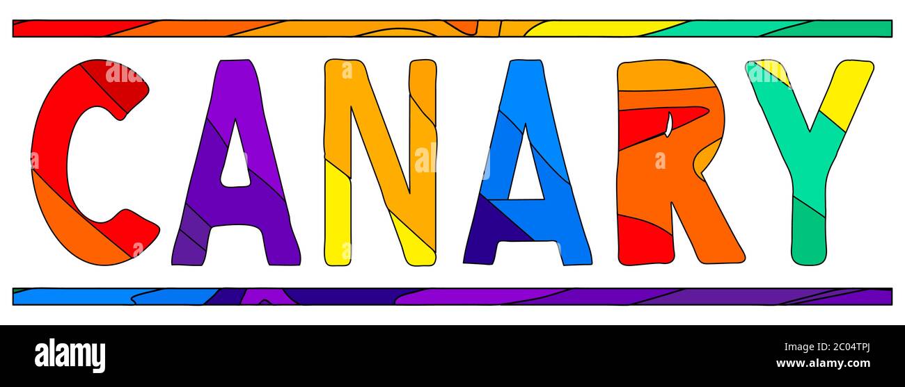 Canari. Inscription isolée de dessin animé amusante multicolore et lumineuse. Lettres colorées. Espagne, canari pour des imprimés sur les vêtements, t-shirt, sac, bannière, autocollant. Illustration de Vecteur