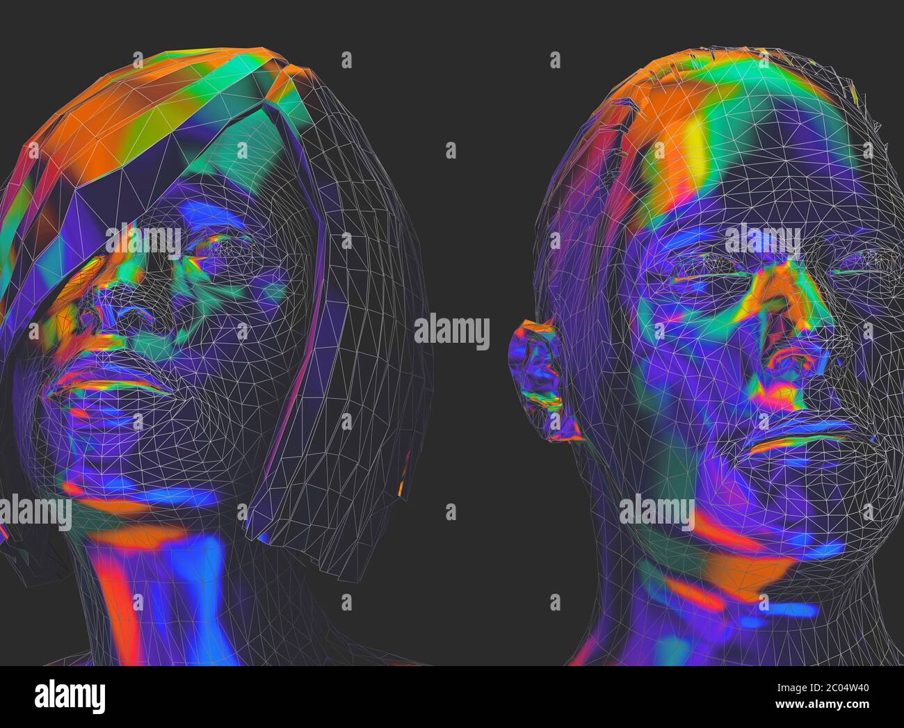 tête humaine mâle et femelle dans une vue latérale futuriste de style poly bas - illustration 3d Banque D'Images