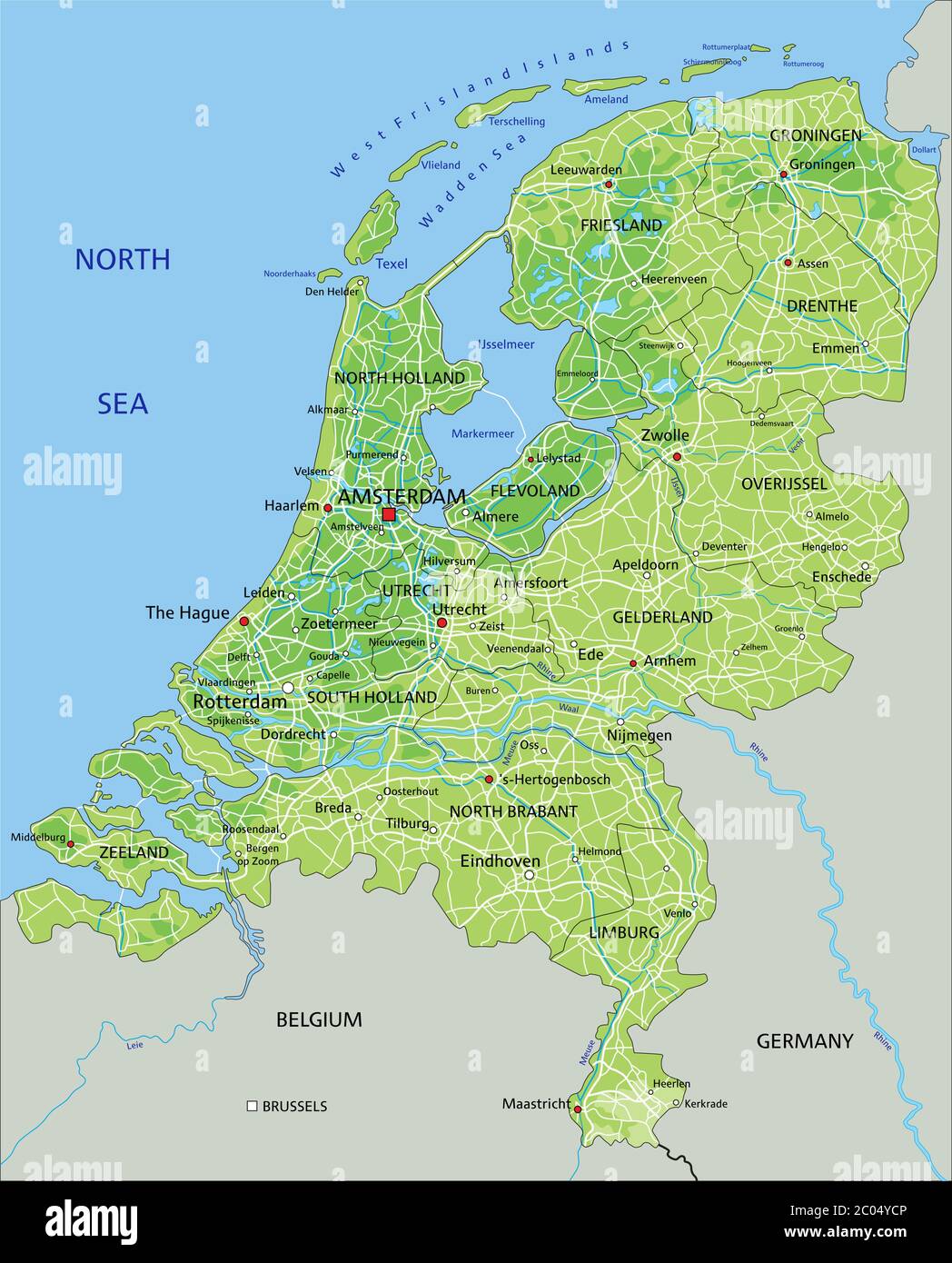 Carte physique pays-Bas très détaillée avec étiquetage. Illustration de Vecteur