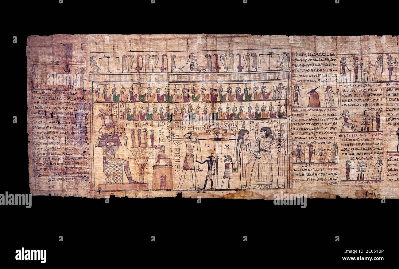 Livre égyptien antique du papyrus mort - période ptoléméenne (722-30BC).Musée égyptien de Turin. Arrière-plan noir Banque D'Images