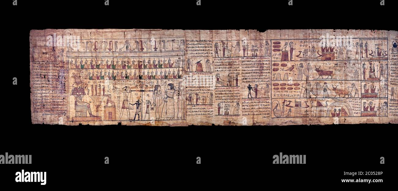 Livre égyptien antique du papyrus mort - période ptoléméenne (722-30BC).Musée égyptien de Turin. Arrière-plan noir Banque D'Images