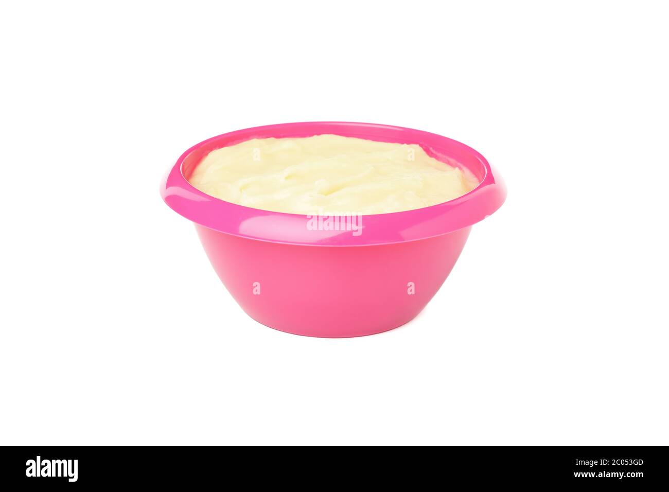 Bol contenant des aliments sains pour bébé, isolé sur fond blanc Banque D'Images