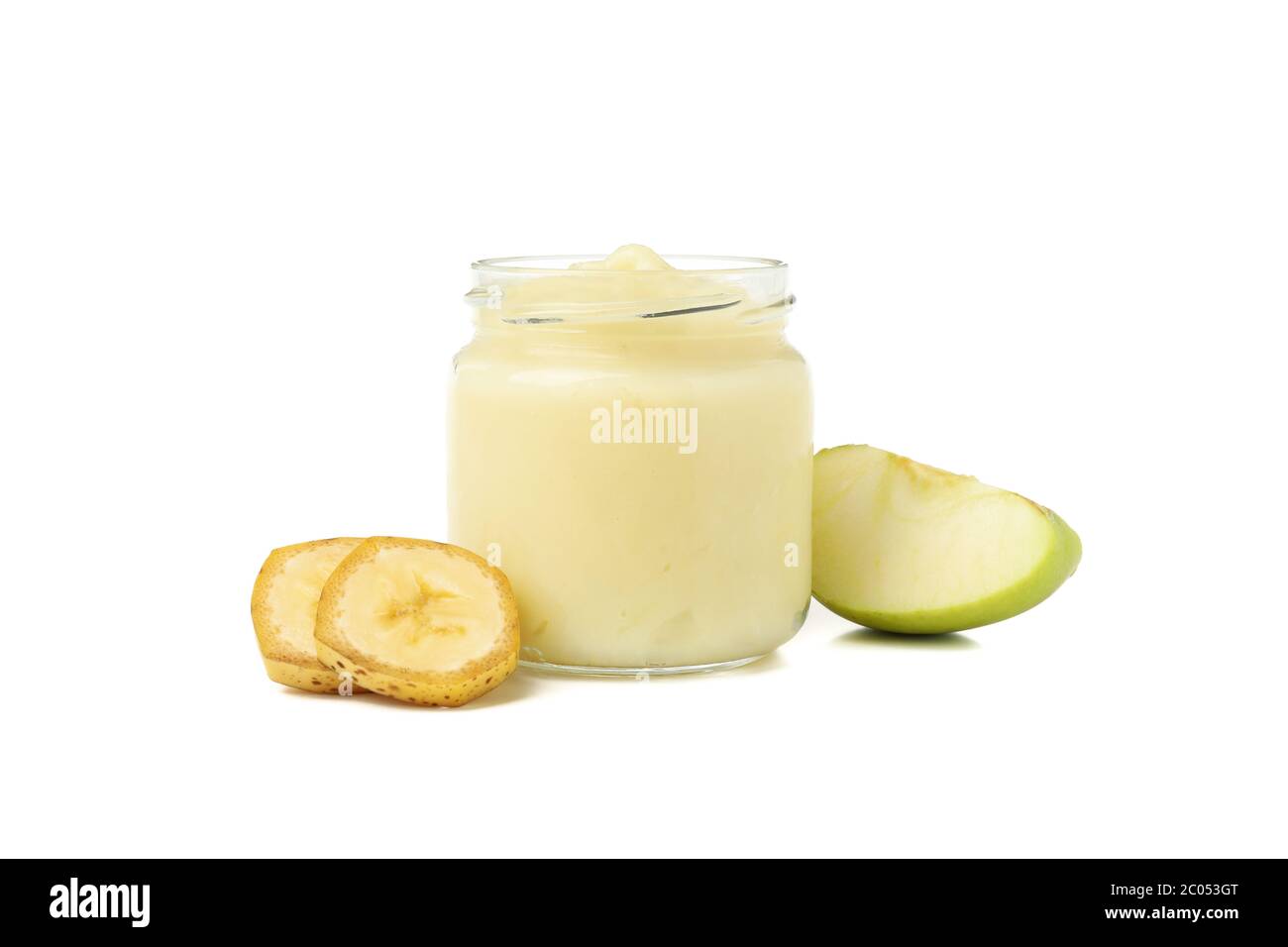 Pot en verre avec nourriture saine pour bébé isolé sur fond blanc Banque D'Images