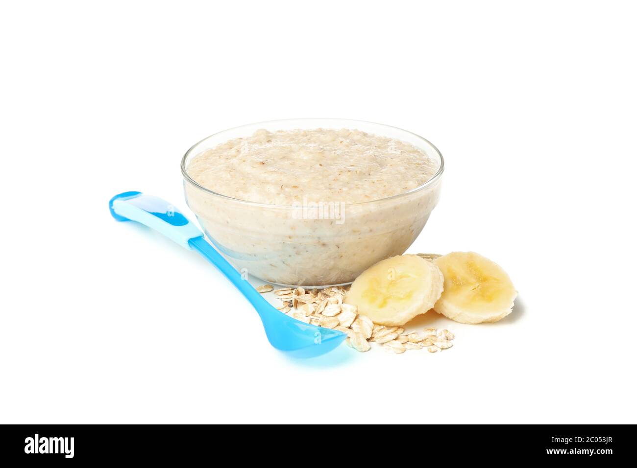 Bol contenant des aliments sains pour bébé, isolé sur fond blanc Banque D'Images