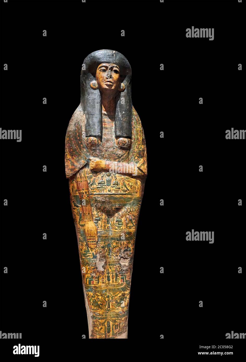 Sarcophage égyptien antique cercueil de Tamutmutef, chantress d'Amun, 18e dynastie, (1550 à 1292 av. J.-C.), Thèbes. Musée égyptien, Turin. Backgroun noir Banque D'Images