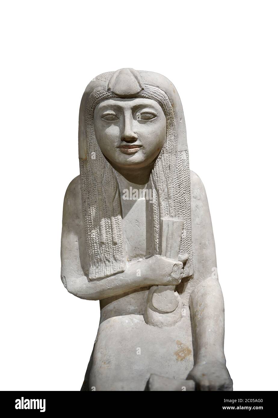 Ancienne statue égyptienne de Hel, calcaire, Nouveau Royaume, fin de la 18e dynastie, (1320-1280 av. J.-C.), Saqqara. Musée égyptien, Turin. Fond blanc. Le wom Banque D'Images