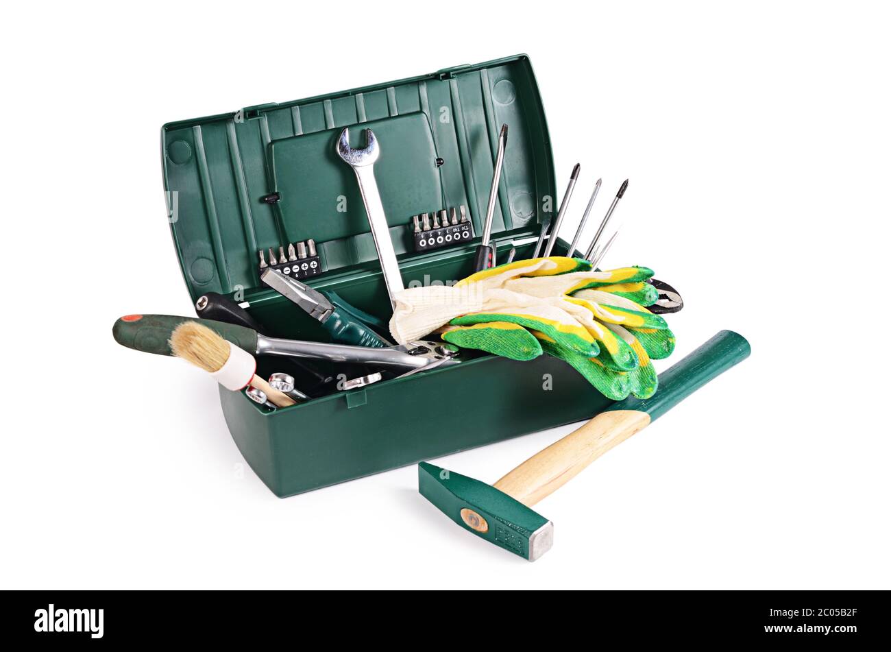 Boîte avec des outils de construction isolé Banque D'Images