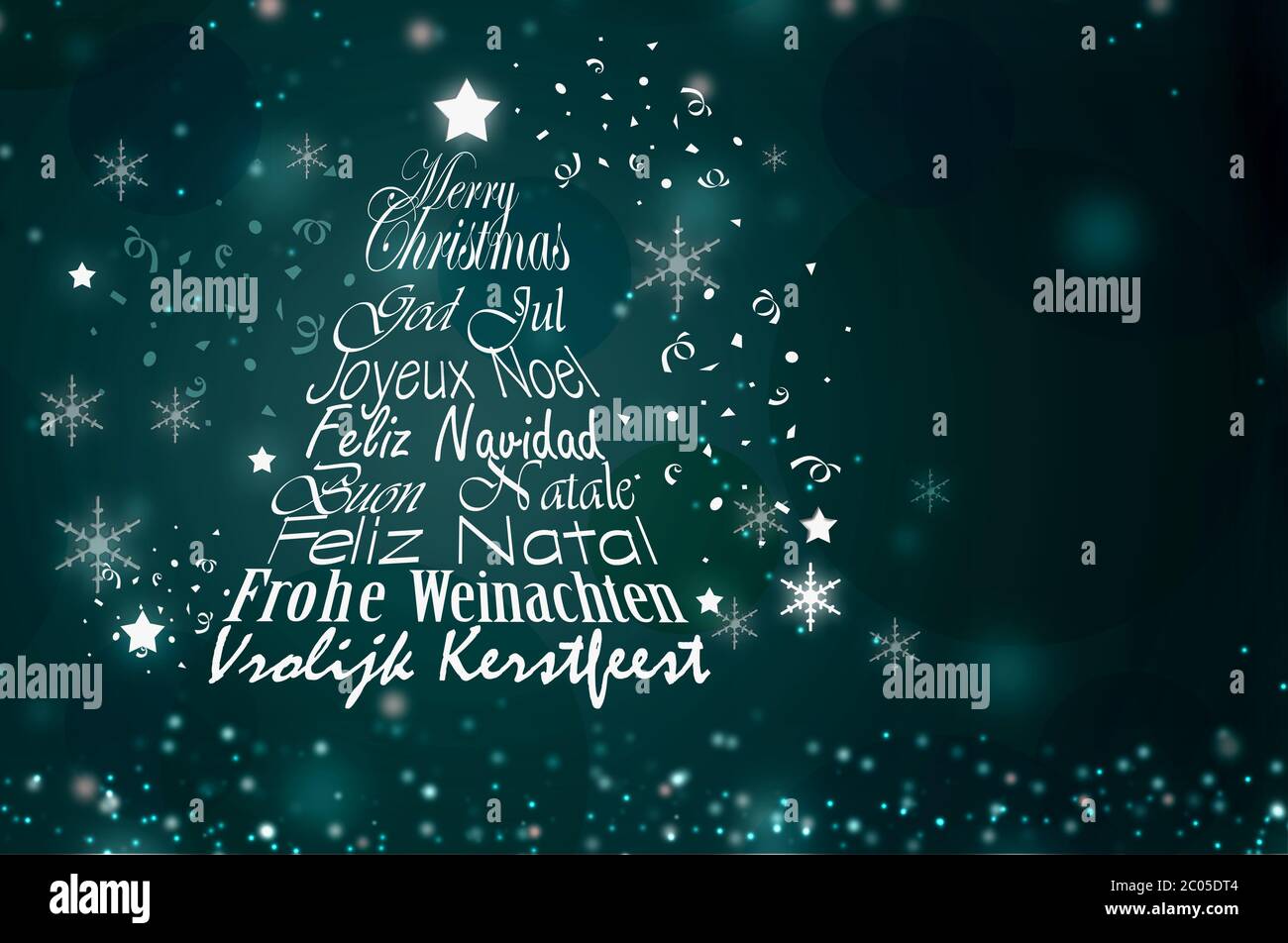 Forme de l'arbre de Noël à partir du texte Joyeux Noël dans différentes langues européennes Anglais, Français, Allemand, Portugais, Italien, Espagnol, Suédois, Néerlandais o Banque D'Images