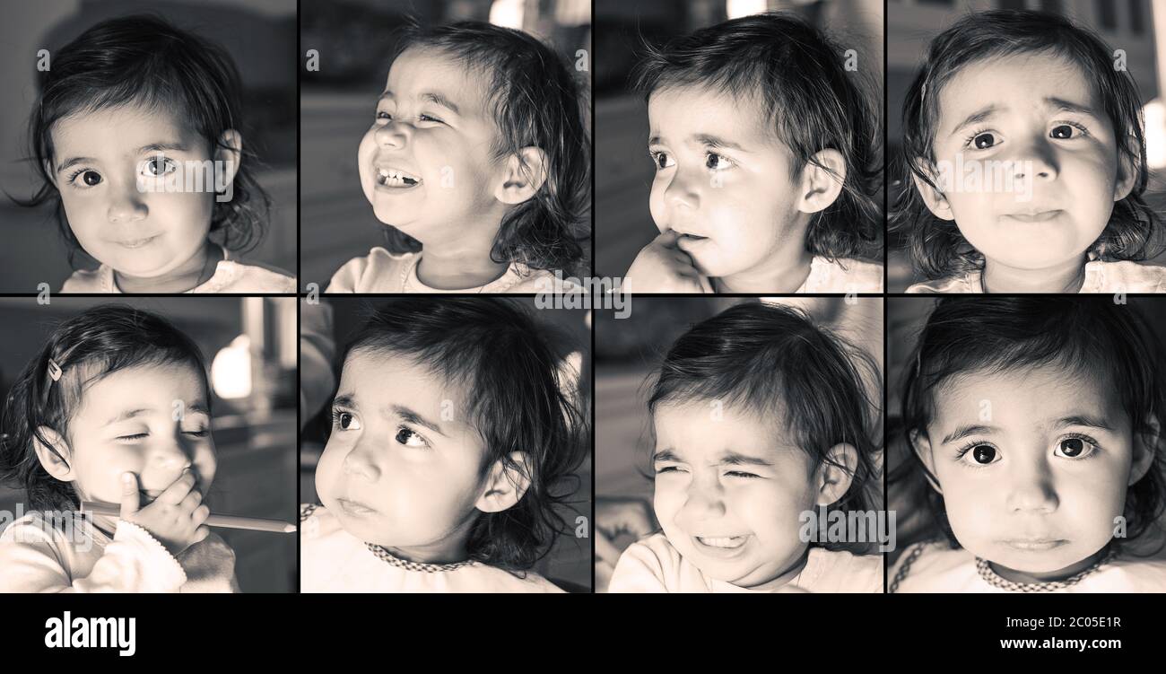 Mosaïque de visages de petite fille en noir et blanc avec des expressions et des sentiments différents, pleurs, sourire, surprise, tristesse, Banque D'Images