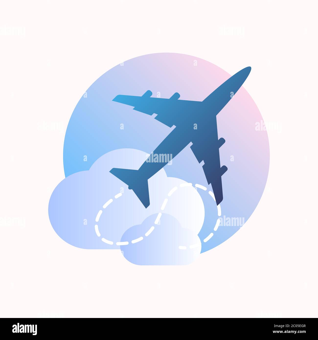 Illustration vectorielle plate d'une silhouette plane dans le ciel au-dessus d'un soleil et nuages dans des couleurs bleu froid. Idéal pour les voyages, les vacances et les annonces de vacances. Illustration de Vecteur