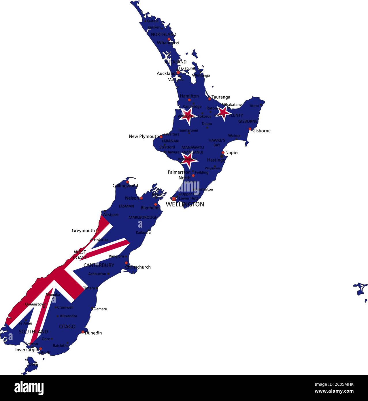 Carte politique de la Nouvelle-Zélande très détaillée avec drapeau national isolé sur fond blanc. Illustration de Vecteur