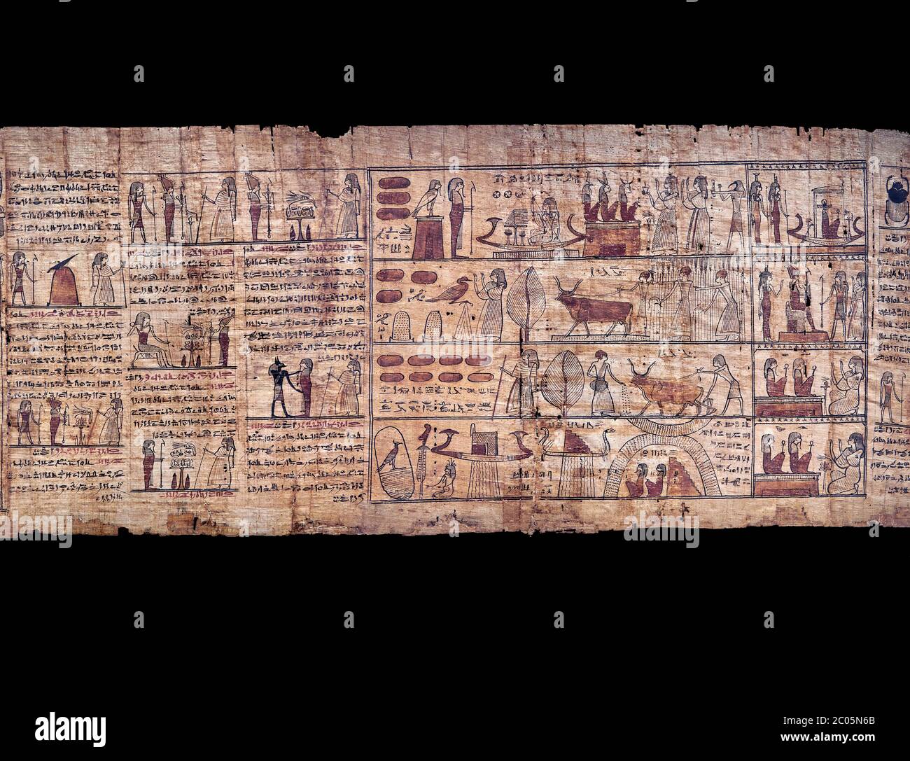 Livre égyptien antique du papyrus mort - période ptoléméenne (722-30BC).Musée égyptien de Turin. Arrière-plan noir Banque D'Images