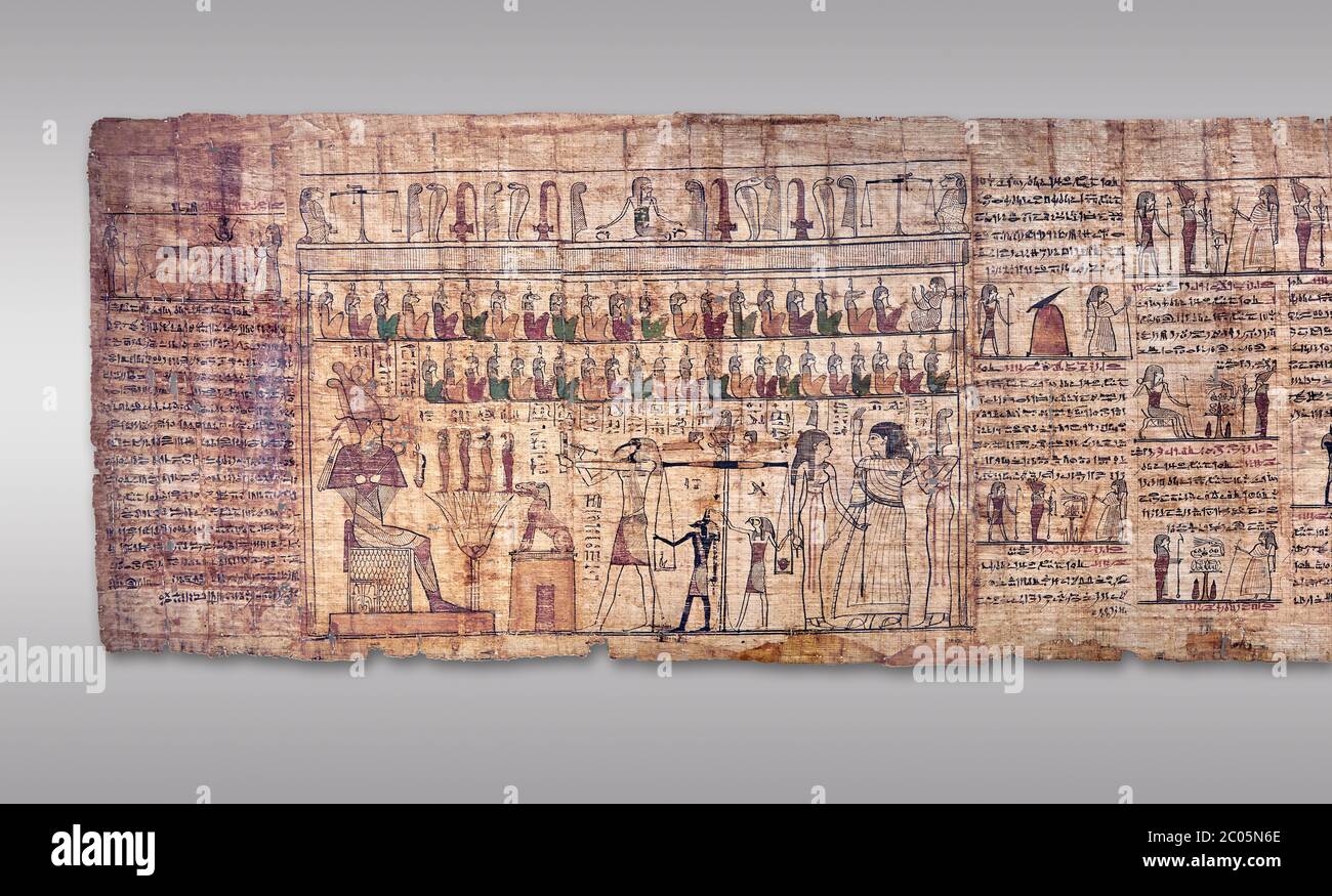 Livre égyptien antique du papyrus mort - période ptoléméenne (722-30BC).Musée égyptien de Turin. Fond gris Banque D'Images