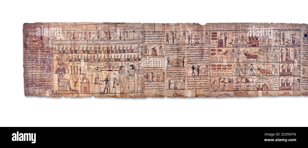 Livre égyptien antique du papyrus mort - période ptoléméenne (722-30BC).Musée égyptien de Turin. Fond blanc Banque D'Images