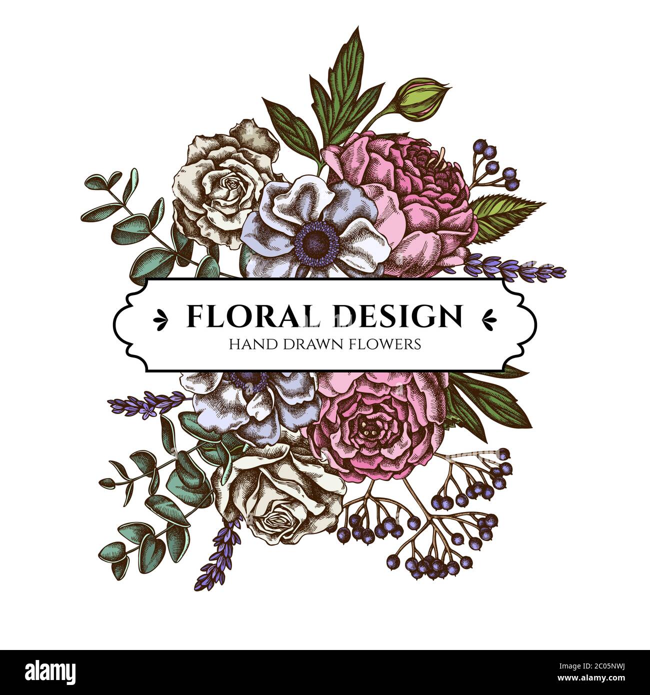 Bouquet floral avec roses colorées, anémone, eucalyptus, lavande, pivoine, viburnum Illustration de Vecteur
