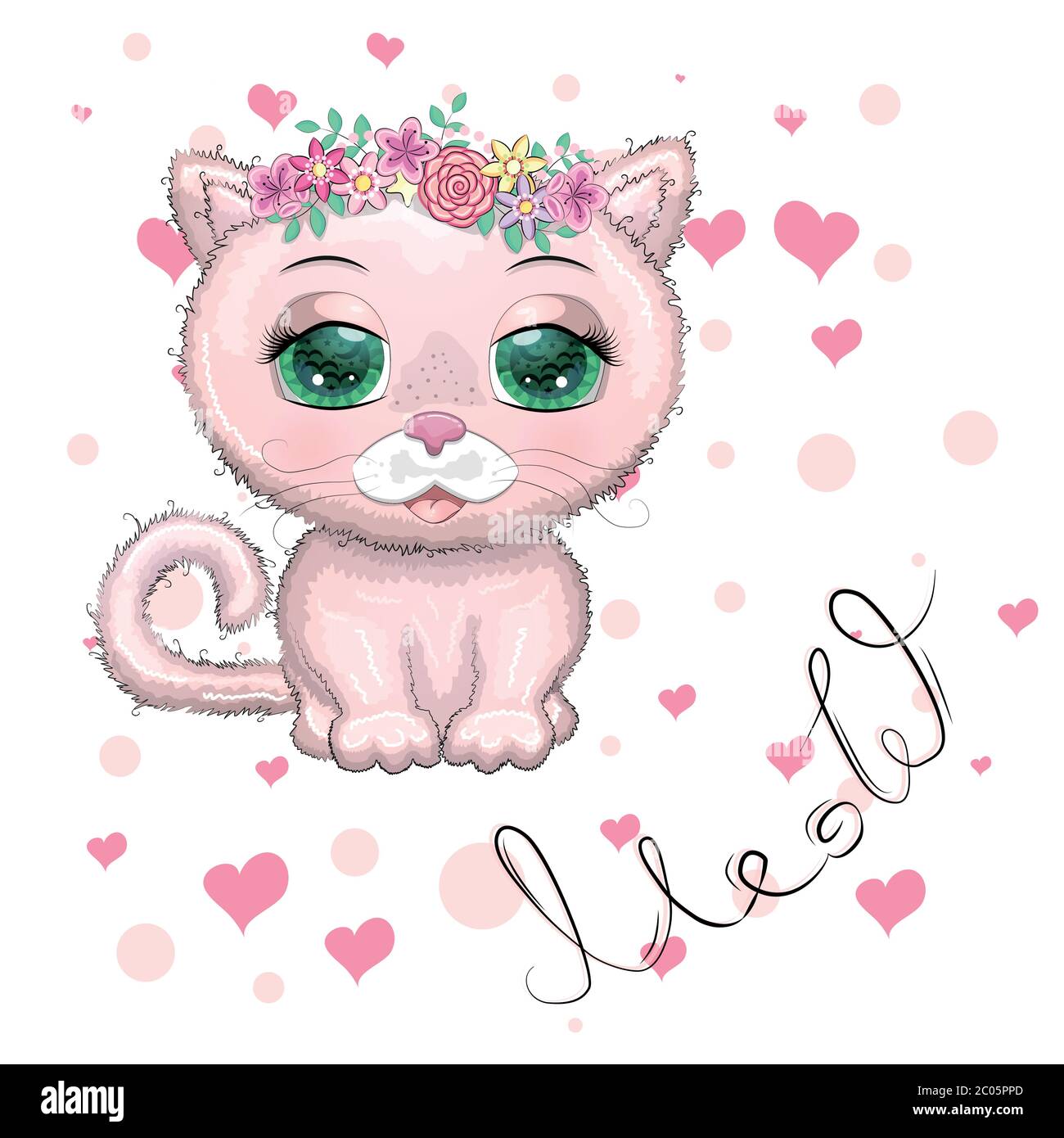 Mignon dessin animé rose chat, chaton sur un fond de fleurs parmi les  papillons Image Vectorielle Stock - Alamy
