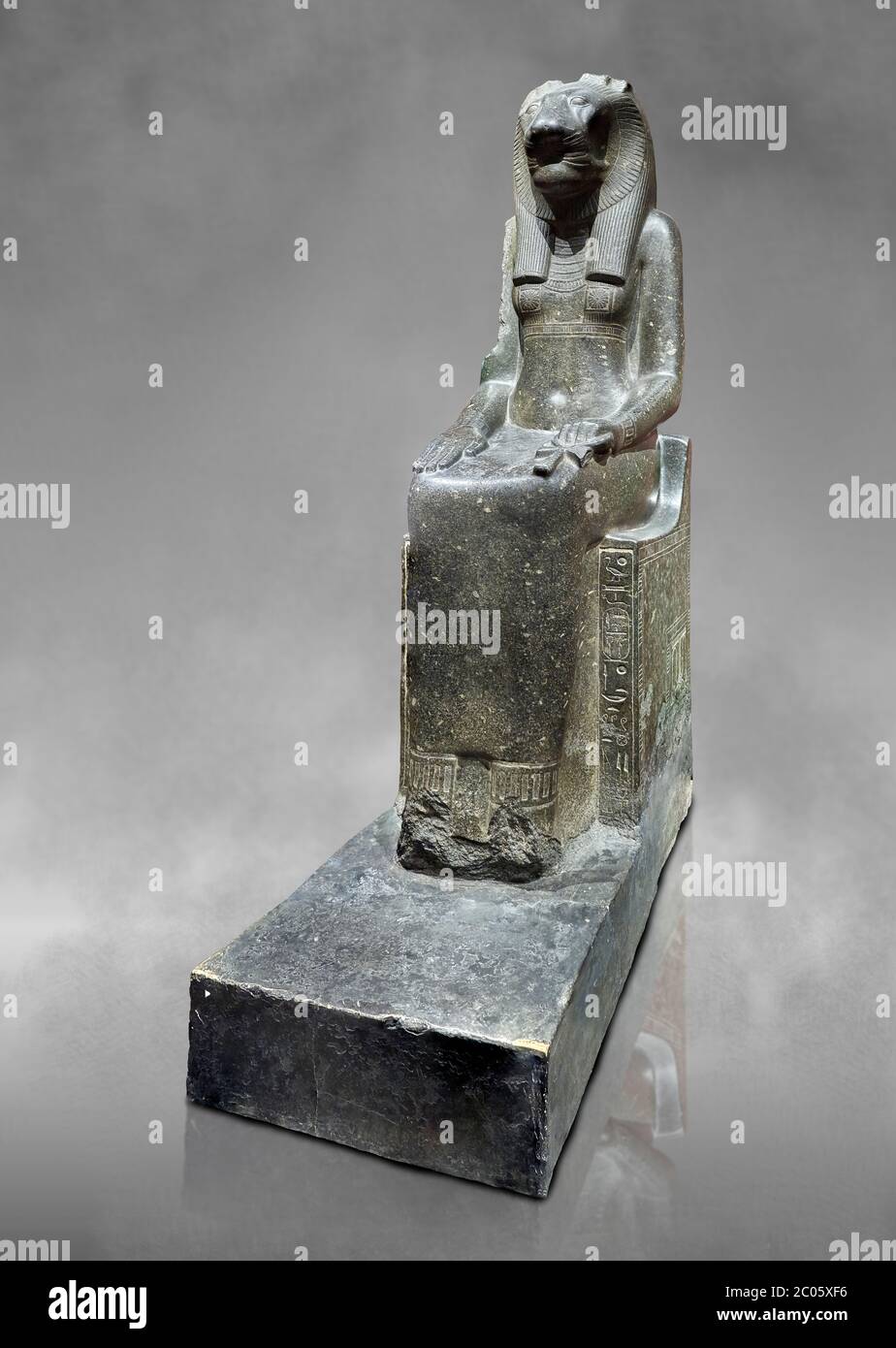 Ancienne statue égyptienne de la déesse Sekhmet, grandiorite, Nouveau Royaume, 18e et 20e dynastie (1390-1150 av. J.-C.), Thèbes. Musée égyptien, Turin. Fond gris Banque D'Images