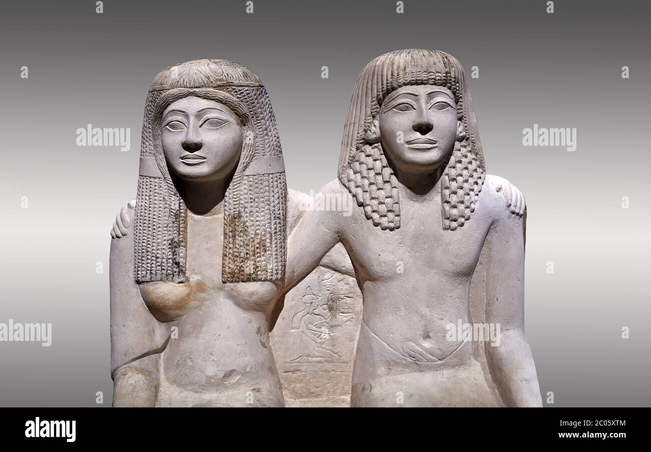 Ancienne statue romaine de Pendua et sa femme Nefertari, calcaire, Nouveau Royaume, 19e dynastie, (1292-1186 av. J.-C.), Deir-el-Medina, Thèbes. Musée égyptien, Banque D'Images
