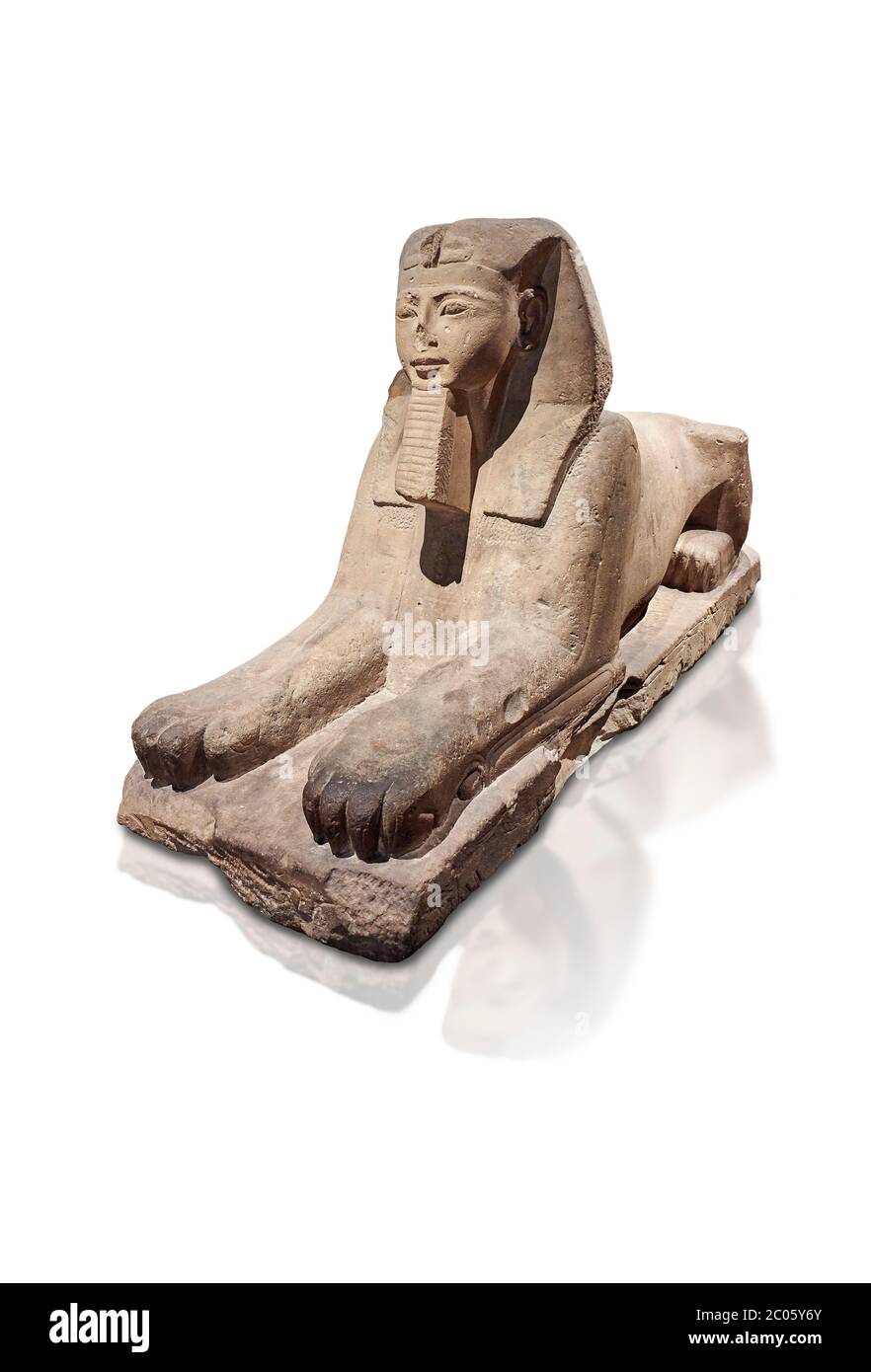 Ancienne statue du Sphinx égyptien, grès, Nouveau Royaume, début de la 19e dynastie (1292-1250), Karnak, Temple d'Amon. Musée égyptien, Turin. Backgrou blanc Banque D'Images