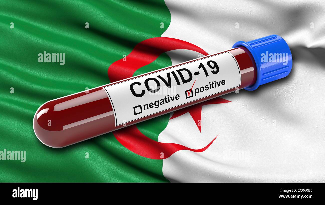 Drapeau de l'Algérie agitant dans le vent avec un tube de test sanguin Covid-19 positif, 3D illustration concept pour les tests sanguins pour diagnostiquer le nouveau coronavirus Banque D'Images