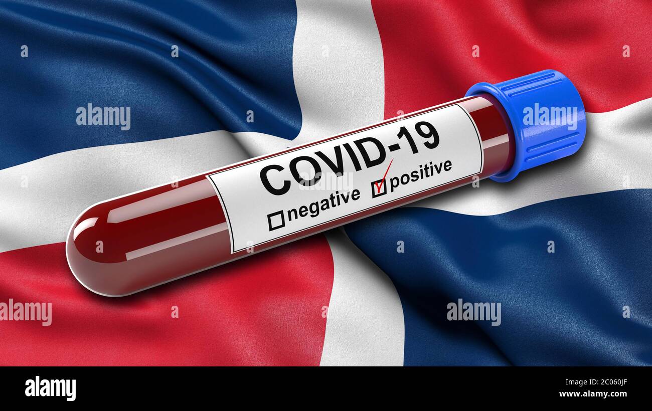Drapeau de la République dominicaine agitant dans le vent avec un tube de test sanguin Covid-19 positif, 3D illustration concept pour les tests sanguins pour diagnostiquer le Banque D'Images
