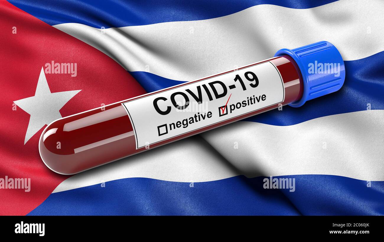 Drapeau de Cuba agitant dans le vent avec un tube de test sanguin Covid-19 positif, 3D illustration concept pour les tests sanguins pour diagnostiquer le nouveau virus corona Banque D'Images