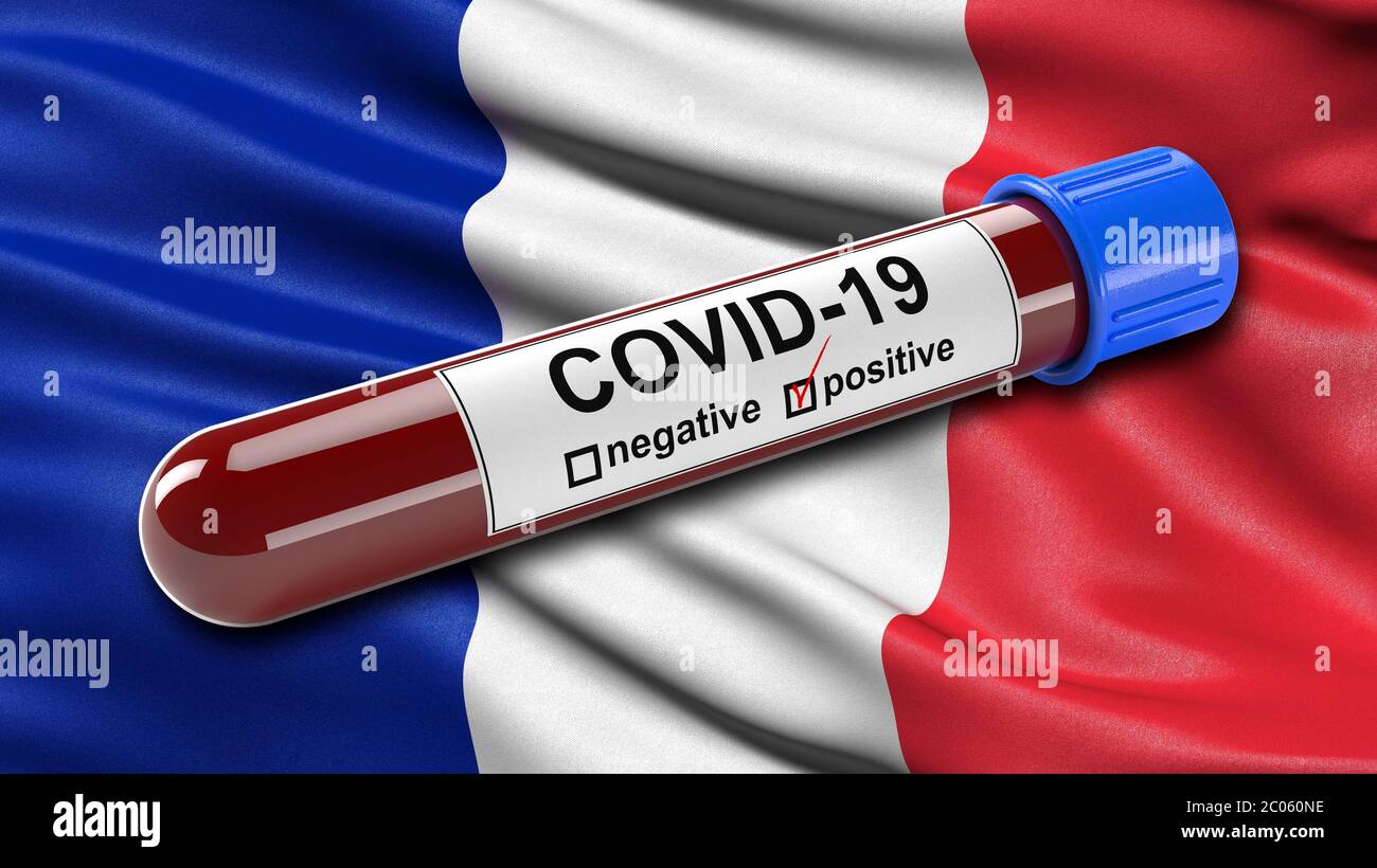 Drapeau français agitant dans le vent avec un tube de test sanguin Covid-19 positif, concept d'illustration 3D pour les tests sanguins pour diagnostiquer le nouveau coronavirus Banque D'Images