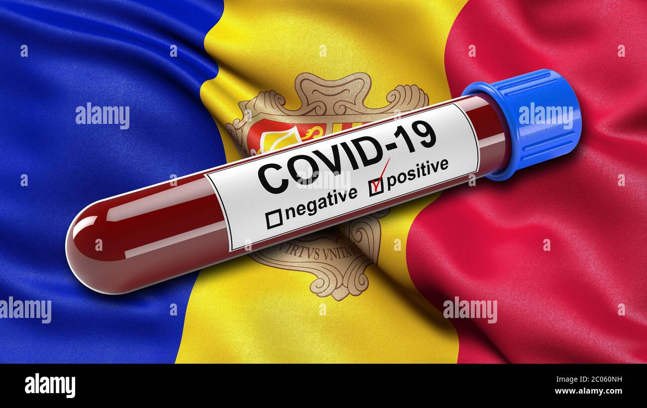 Drapeau de l'Andorre avec un tube sanguin Covid-19 positif, 3D illustration concept pour les tests sanguins pour diagnostiquer le nouveau virus corona Banque D'Images
